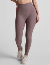 brown midi length ribbed leggings with a 4" waistband.